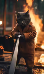 a cat standing in front of fire with a sword