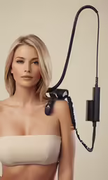 a woman wearing a bra and a hair dryer