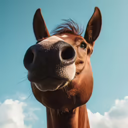 a brown horse looks into the camera while standing on a sunny day