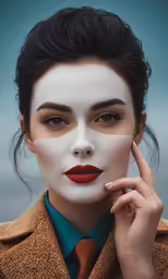 a woman with a mask on, her face painted like a mask
