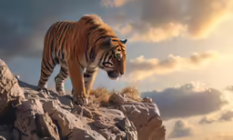a tiger walking on rocks with clouds in the background
