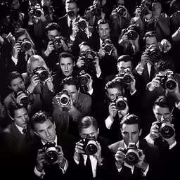 a large group of men in suits with cameras taking pictures