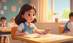 a girl sits at a table with an open book
