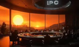 a table with chairs and an orange sky