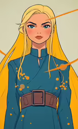 blond haired girl in a blue dress and brown belt standing in a circle