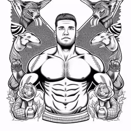a man with his shirt open and three wild animals surrounding him,a man with his chest exposed and three different animals around him,a drawing of a man in front of two monkeys and a demon,a man surrounded by animals in a line art manner,a black and white drawing of a man with chest and arms crossed
