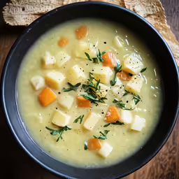 a close - up photo of a bowl of creamy potato soup