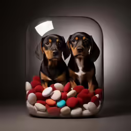 two dachshunds are posing for a photo in a jar filled with pills