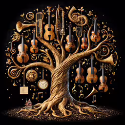 a guitar tree is surrounded by guitars and instruments