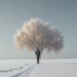 a person stands on the edge of a snow covered plain