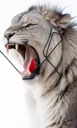 the head and shoulders of a lion snarling