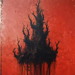 a tree in front of a window with water and a red background