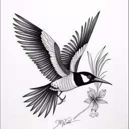 an ink drawing of a black and white bird,the black and white image of a bird is showing its wings