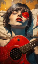 there is a person that is laying on the bed with a guitar