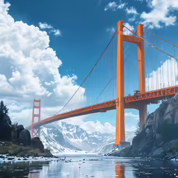 the golden gate bridge over a lake is reflected in the water