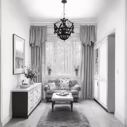 a living room with a chair, couch and table