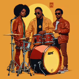 three african american people standing near two drums,a group of people with a drummer, drum player and drum