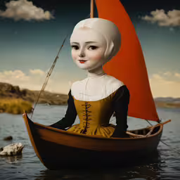 a painting of a woman in a boat with an orange sail,a girl is riding a small boat in the water