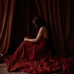 a woman wearing red dress sitting in front of curtains