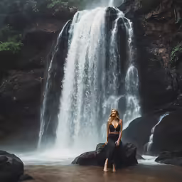a woman sitting on a rock at the base of a waterfall