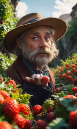 a man in a hat is holding up some strawberries