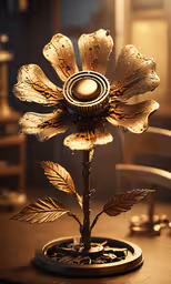 a shiny flower lamp is standing on a table,a metal sunflower on a wood table
