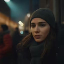 a woman with a beanie staring at the camera