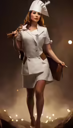 a beautiful woman walking down a runway carrying luggage
