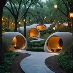 a pathway between two concrete structures in the forest