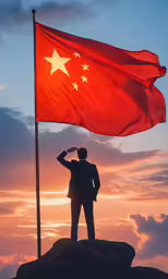 a person salutes the flag as it is lowered in the sky