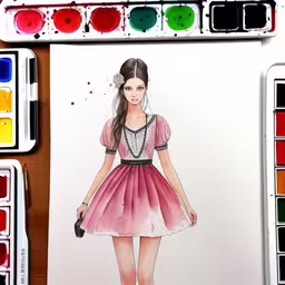 a painting on a desk with a drawing of a young girl in a dress