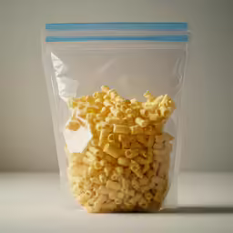a plastic bag filled with yellow pasta pieces