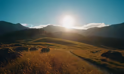 sun shining down on a grassy hilly area