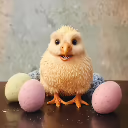 a small fluffy chicken next to four bath balls