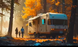 the people are walking through a path with an rv