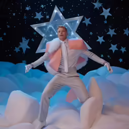 a man in silver and pink standing with white stars