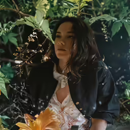 a woman standing under a bush wearing a bow tie