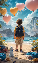 a boy is looking out at the ocean from a beach