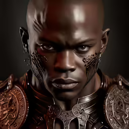 a man wearing lots of iron armor is looking at the camera
