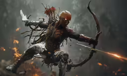 an artwork work that depicts a demon holding a bow and aiming it at a target