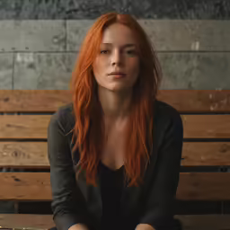 the young red - haired woman has long hair, sitting on a bench