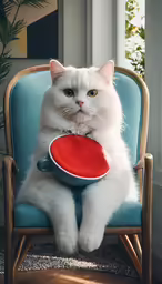 a fluffy white cat holding a red frisbee in a blue chair