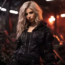 a woman in a black jacket standing on the street,a blonde woman with long hair and black clothes