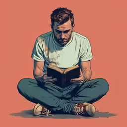 a man sitting down reading a book on the ground