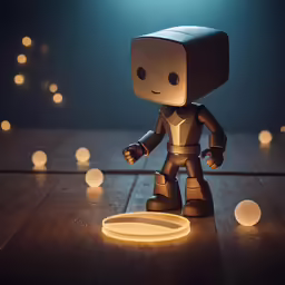 an illuminated robot stands on a wood surface with a light reflecting off the floor