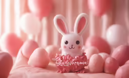 an easter bunny figurine is sitting on the edge of some pink and white balls