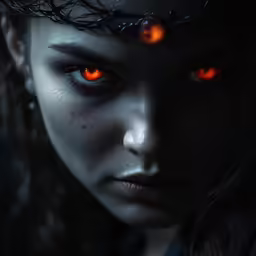 woman with glowing orange eyes staring at the camera