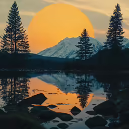 a full moon setting over mountains reflected in a lake
