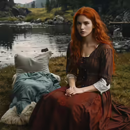 a woman sitting by a lake with two pillows