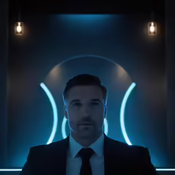 a man in a suit and tie stands in front of a circular light